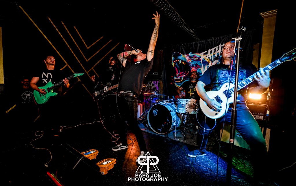 Photo of El Paso, TX, five-piece punk-metalcore band Father Wolf performing live. They are onstage in a local venue in El Paso, TX.