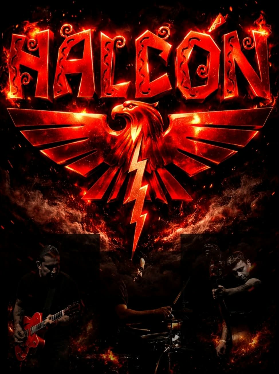 AI-generated image of El Paso band Halcón's logo up top of a red bird and the three members on the bottom playing their instruments.